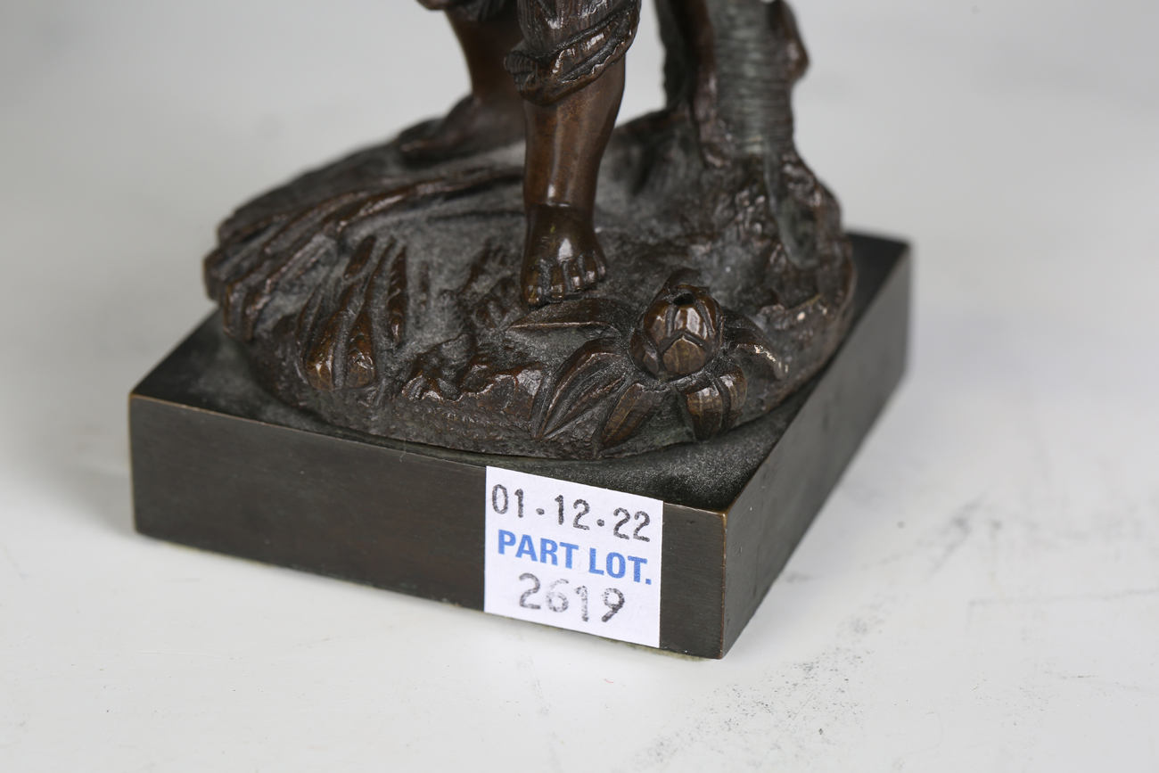 A 19th century Continental patinated bronze figure of a regal female holding a goblet and dish, - Image 5 of 17