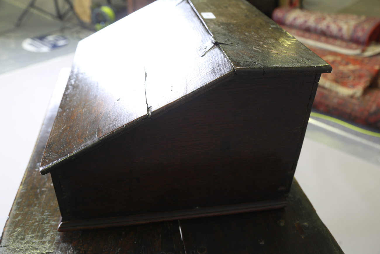 A 17th century oak bible box, the hinged sloping lid enclosing three drawers, width 53cm, depth - Image 8 of 13