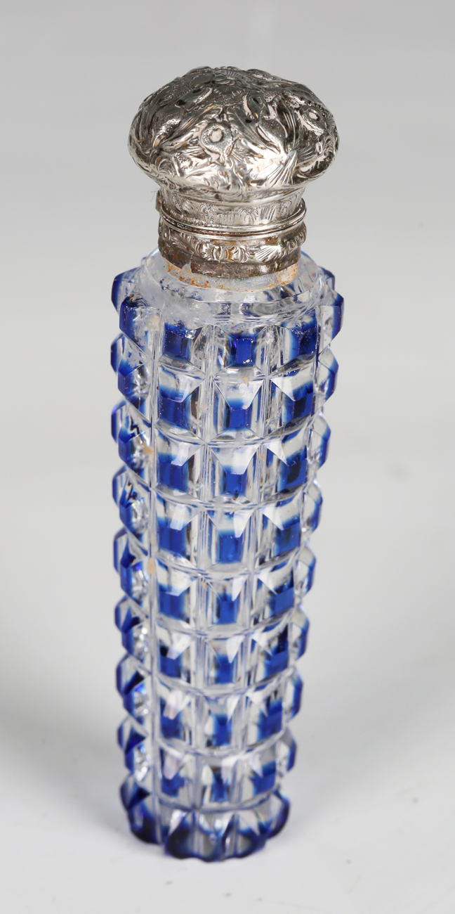 A late 19th century yellow cut glass scent bottle with silver hinged lid, length 9cm, two coloured - Image 5 of 9