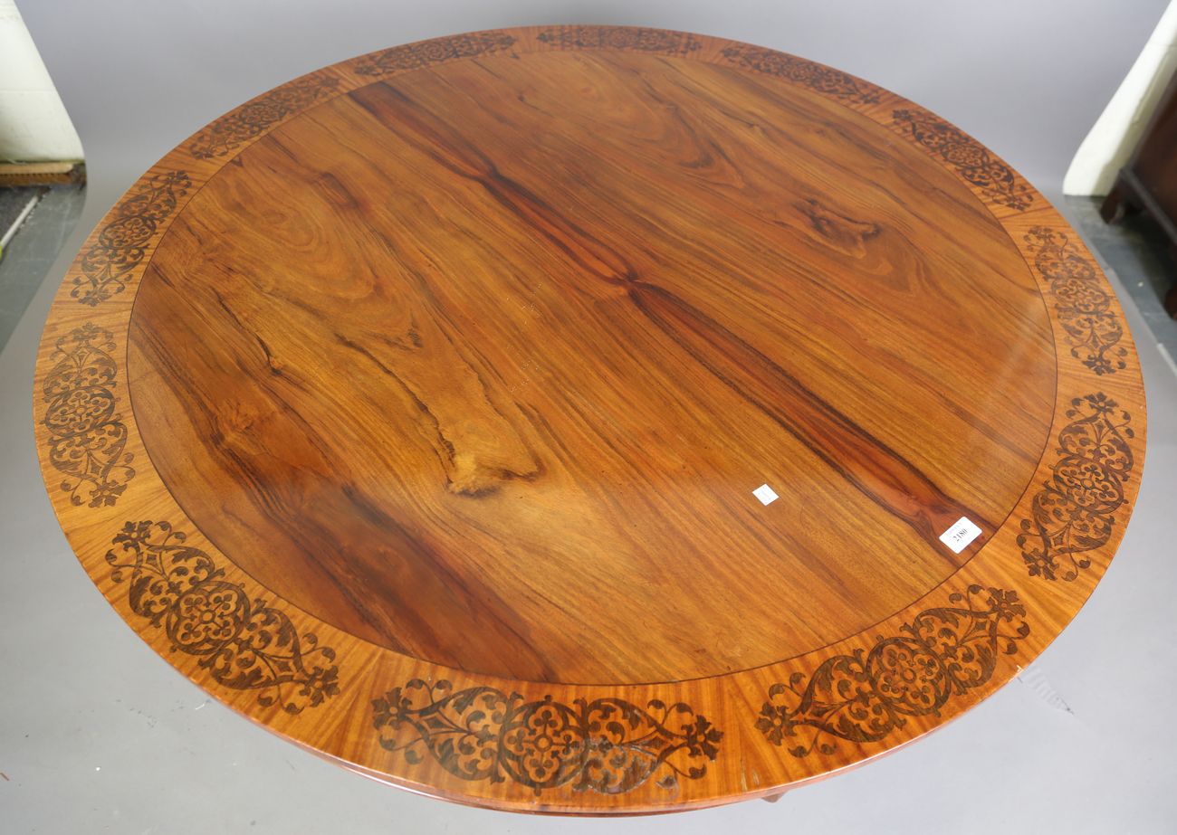 A mid-19th century walnut and foliate inlaid tip-top breakfast table, raised on a triform base, - Image 13 of 13