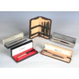 Three Parker 61 fountain pens, cased, a Parker Sonnet propelling pencil with gilt body, cased, and