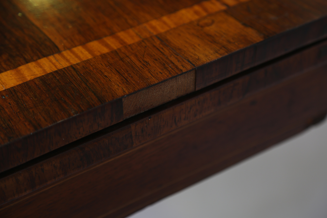 A Regency rosewood and satinwood crossbanded fold-over card table, height 73cm, width 91cm, depth - Image 7 of 13