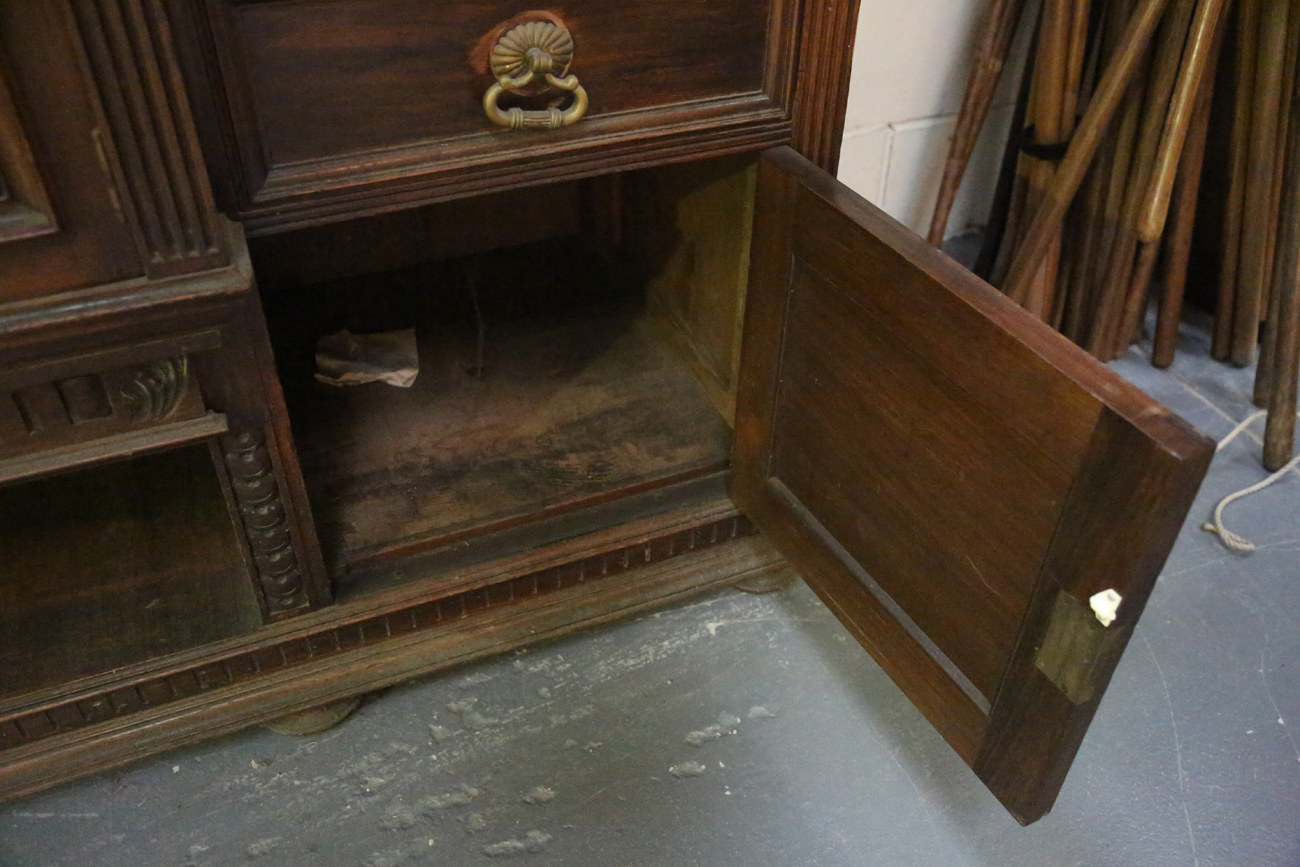 A large late Victorian walnut breakfront sideboard by James Shoolbred & Co, the mirror back with a - Image 3 of 16