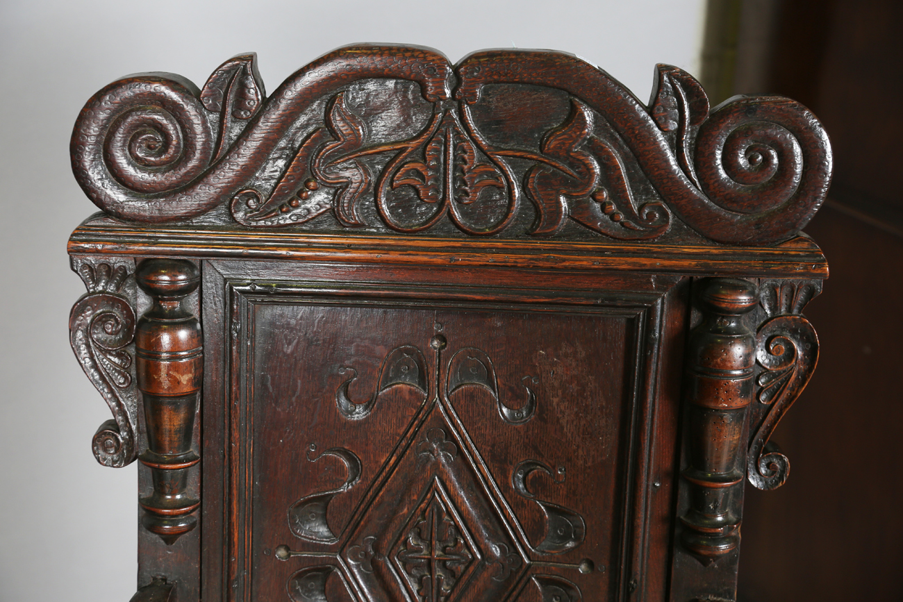 A pair of 17th century provincial oak Wainscot armchairs with carved panel backs and solid panel - Image 9 of 16