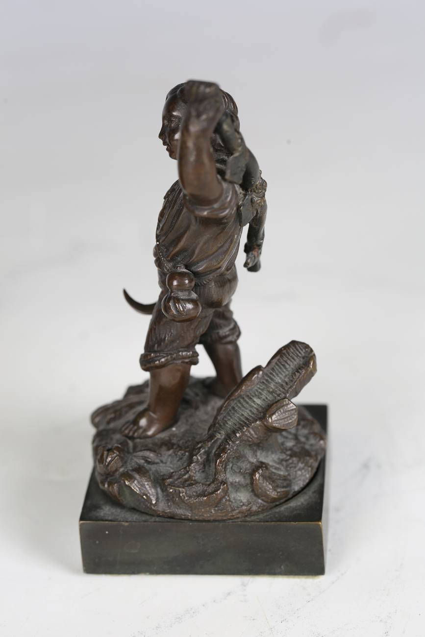 A 19th century Continental patinated bronze figure of a regal female holding a goblet and dish, - Image 3 of 17