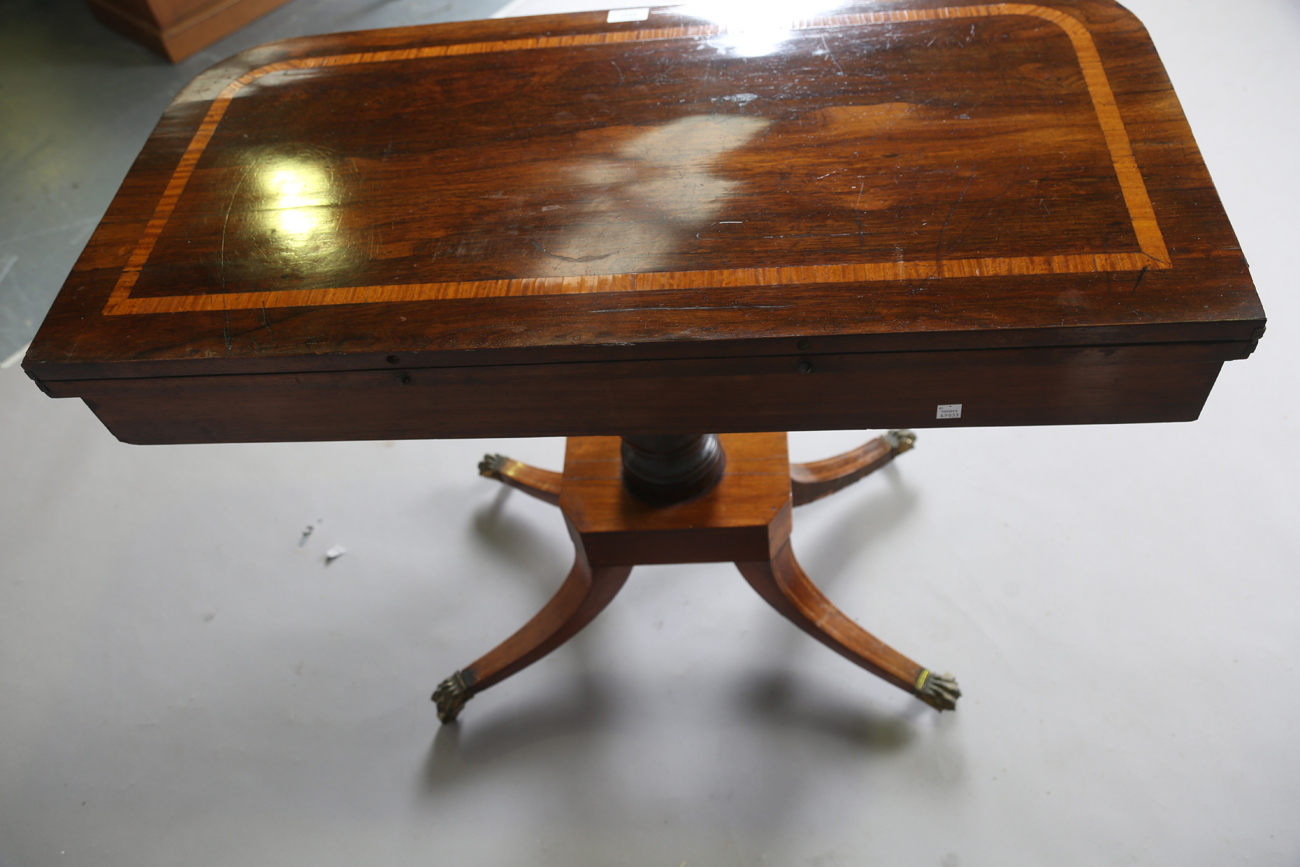 A Regency rosewood and satinwood crossbanded fold-over card table, height 73cm, width 91cm, depth - Image 2 of 13