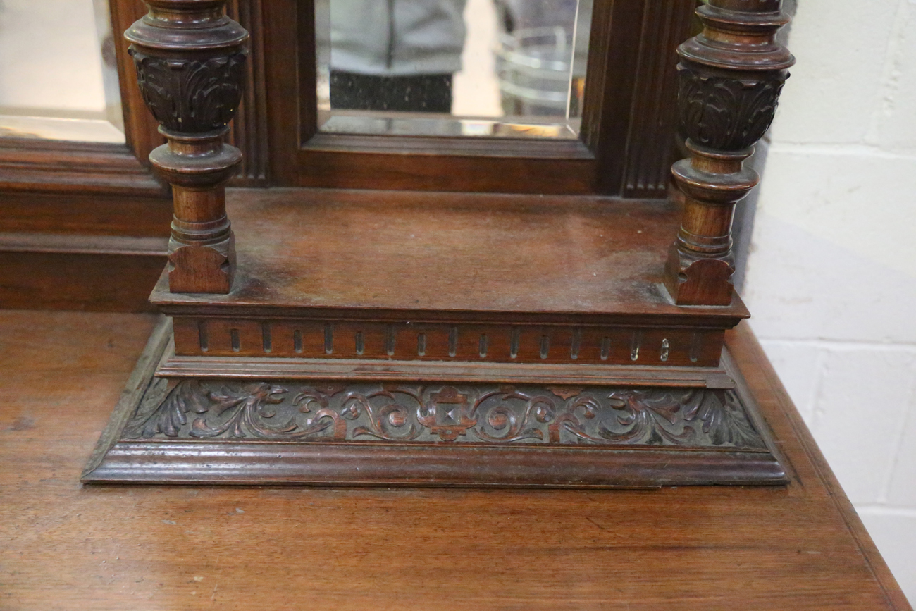 A large late Victorian walnut breakfront sideboard by James Shoolbred & Co, the mirror back with a - Image 13 of 16