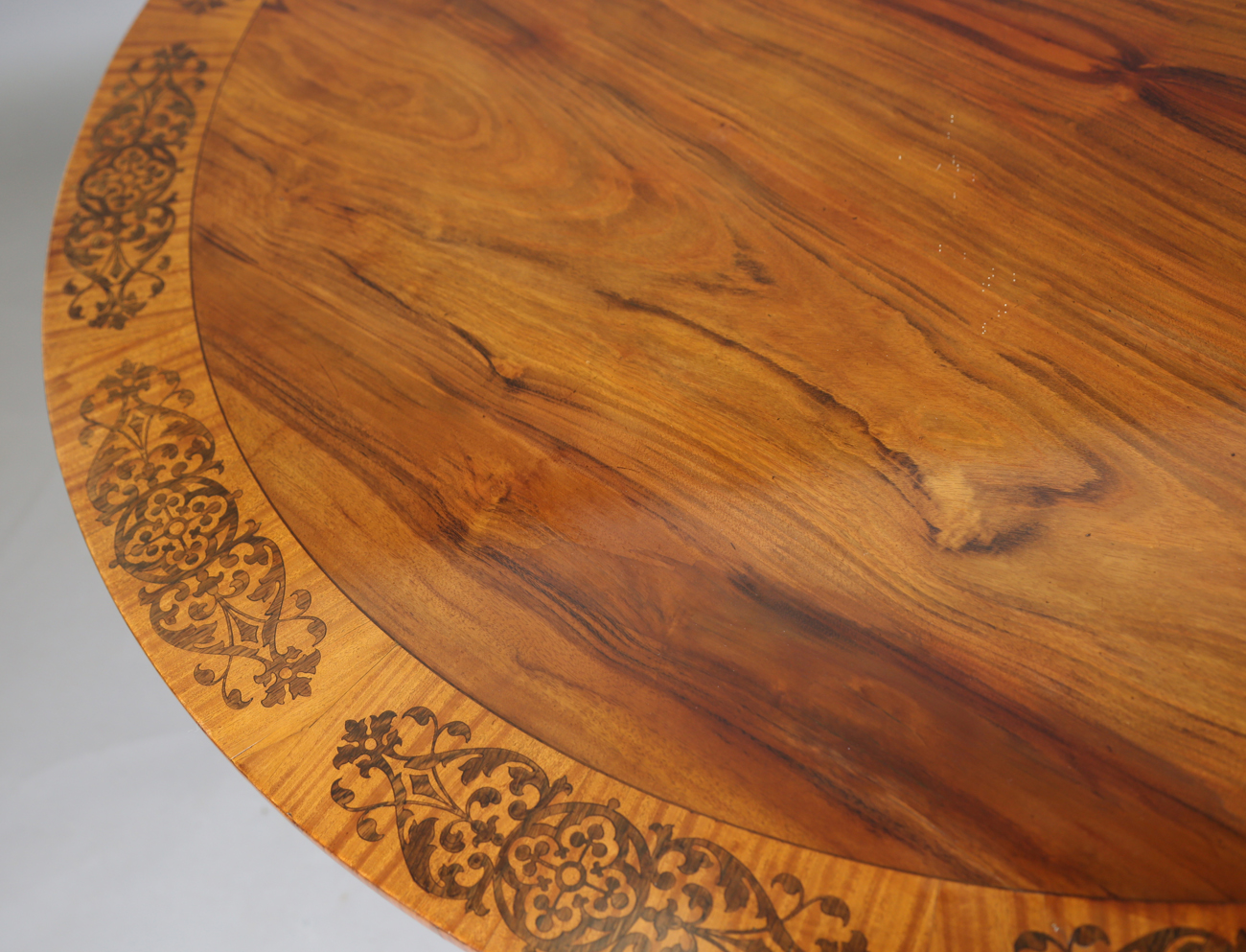 A mid-19th century walnut and foliate inlaid tip-top breakfast table, raised on a triform base, - Image 8 of 13