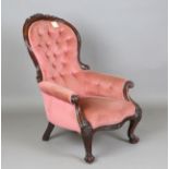 A late Victorian mahogany showframe armchair, upholstered in pink velour, height 109cm, width 75cm.