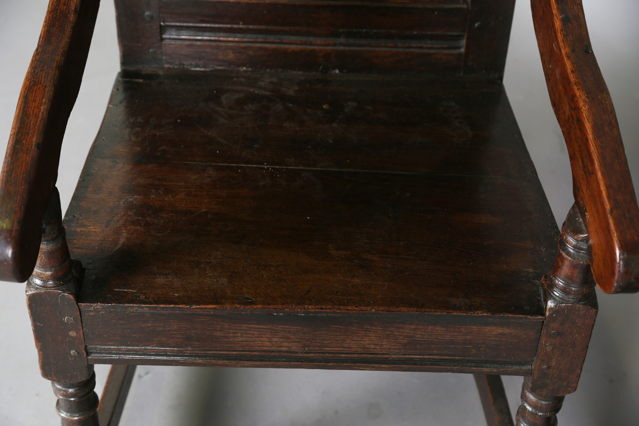 A pair of 17th century provincial oak Wainscot armchairs with carved panel backs and solid panel - Image 14 of 16