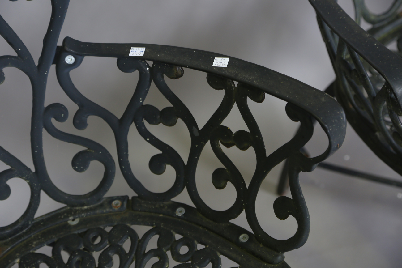 A 20th century cast metal circular garden table, height 66cm, diameter 87cm, and four matching - Image 4 of 13