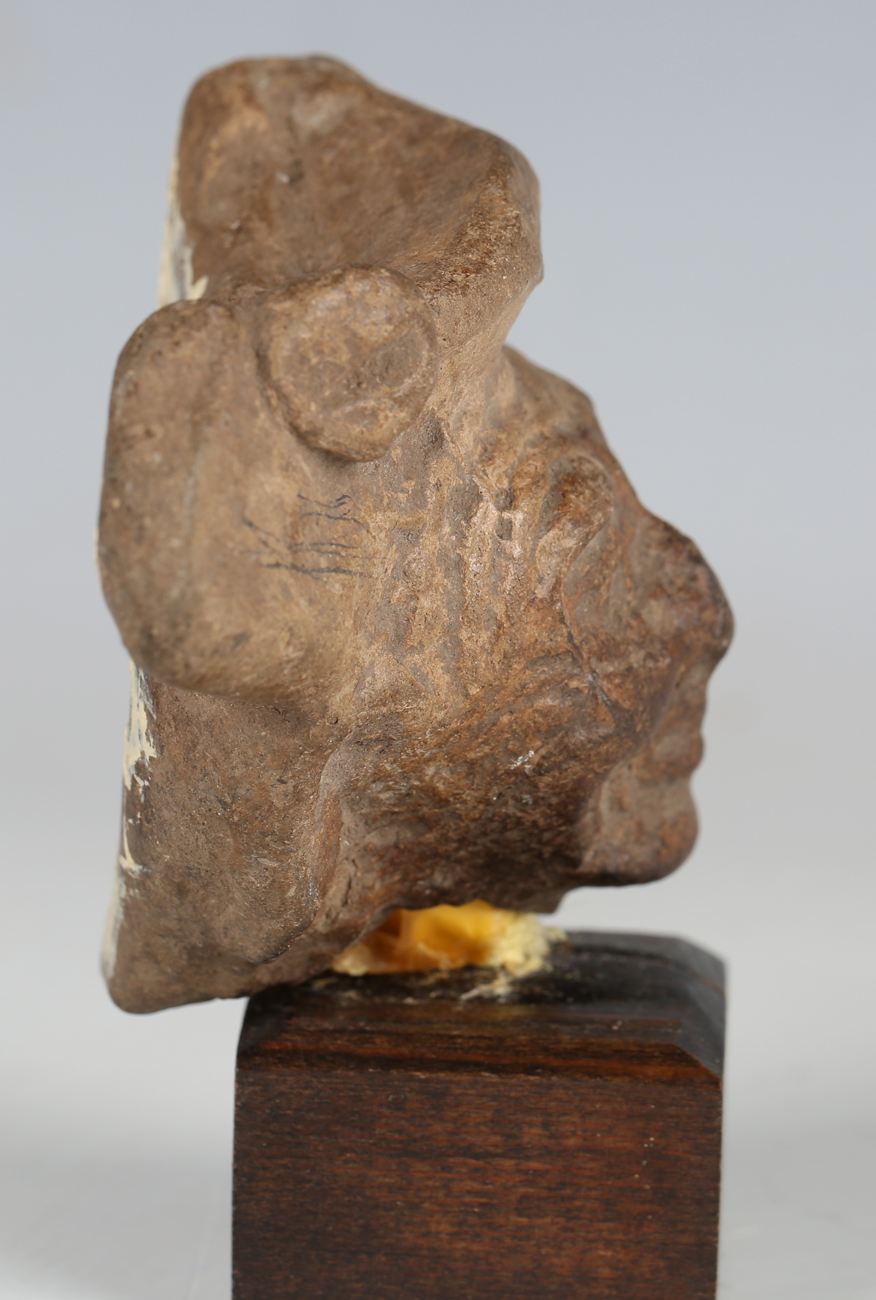 A pre-Columbian pottery mask, width 7.5cm, mounted on a wooden base, together with a pre-Columbian - Image 6 of 9