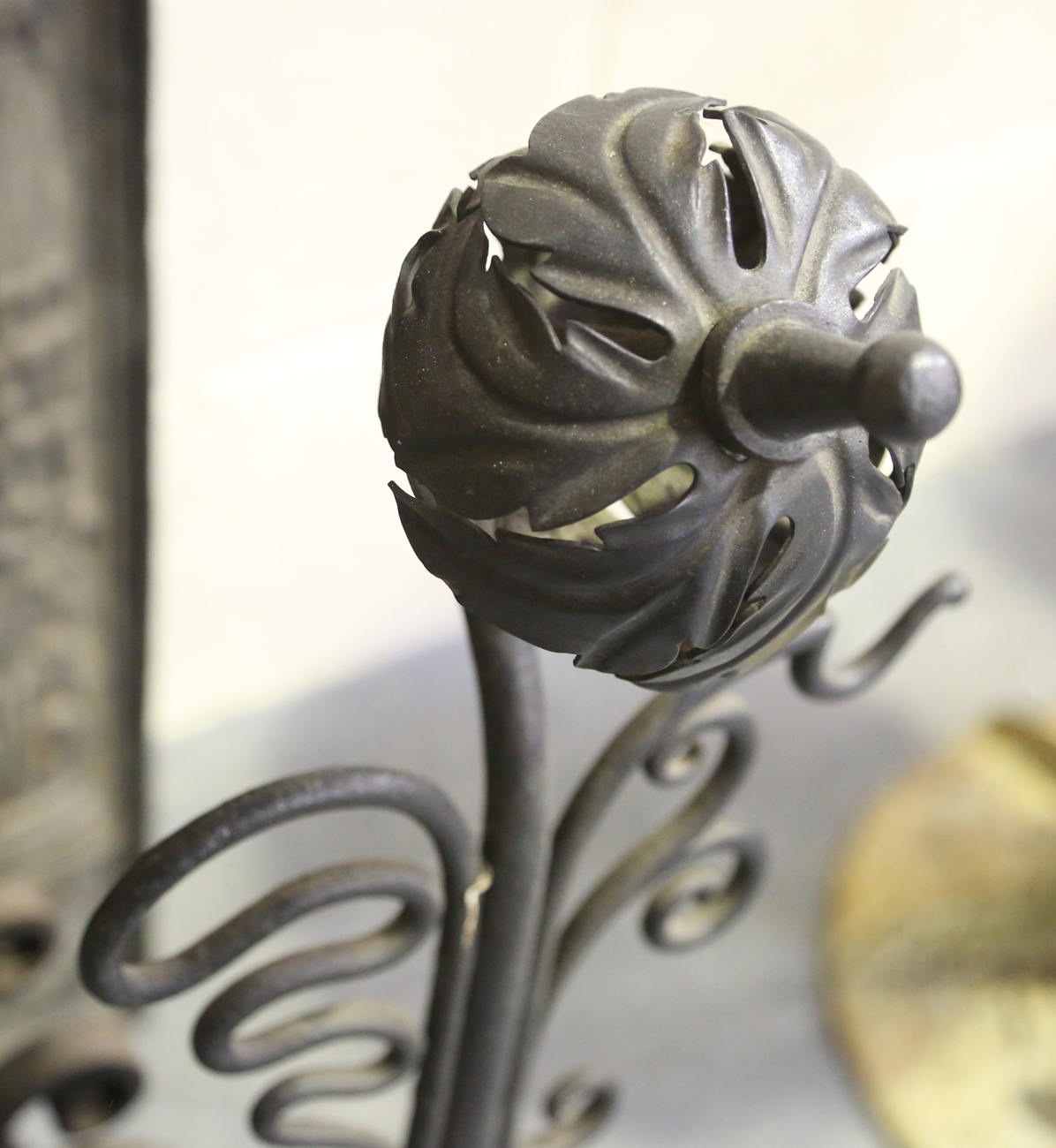 An early 20th century wrought iron fire basket and a pair of matching dogs with rosette finials, - Image 3 of 13