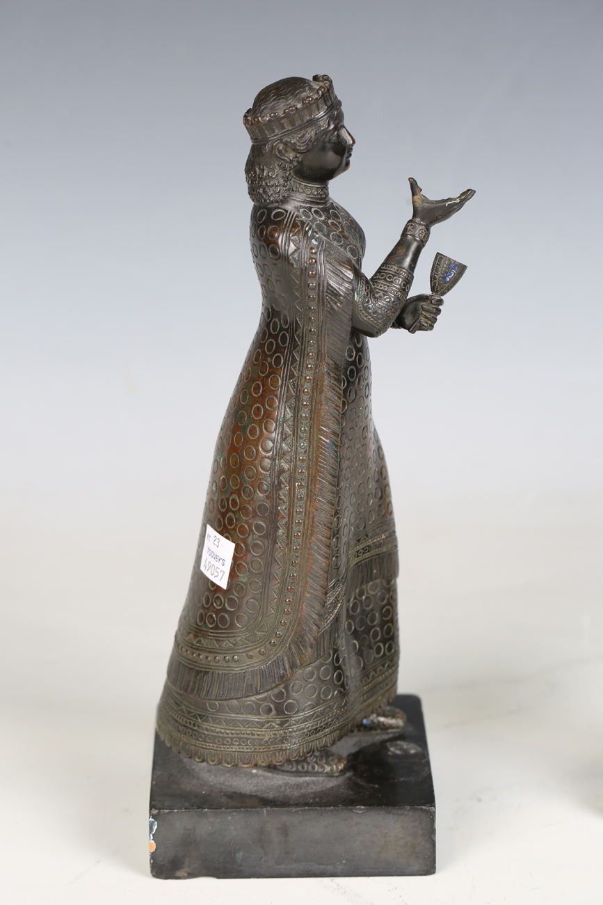 A 19th century Continental patinated bronze figure of a regal female holding a goblet and dish, - Image 12 of 17