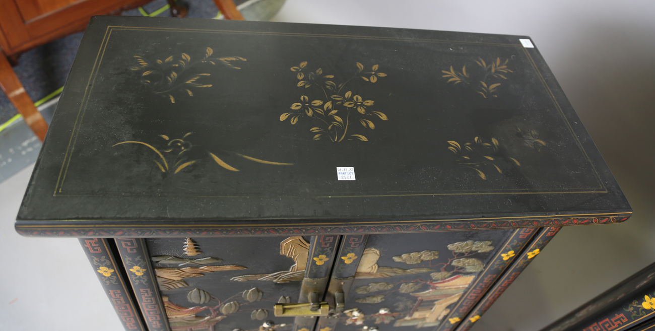 A pair of 20th century Chinese black lacquered and hardstone inlaid side cabinets, each door - Image 11 of 18