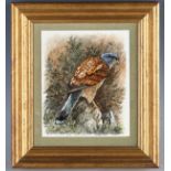 Rita Whitaker - an enamelled copper panel depicting a kestrel perched on a rock, signed 'R.E.