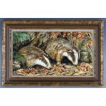 Rita Whitaker - an enamelled copper panel depicting two badgers amongst undergrowth, signed 'R.E.