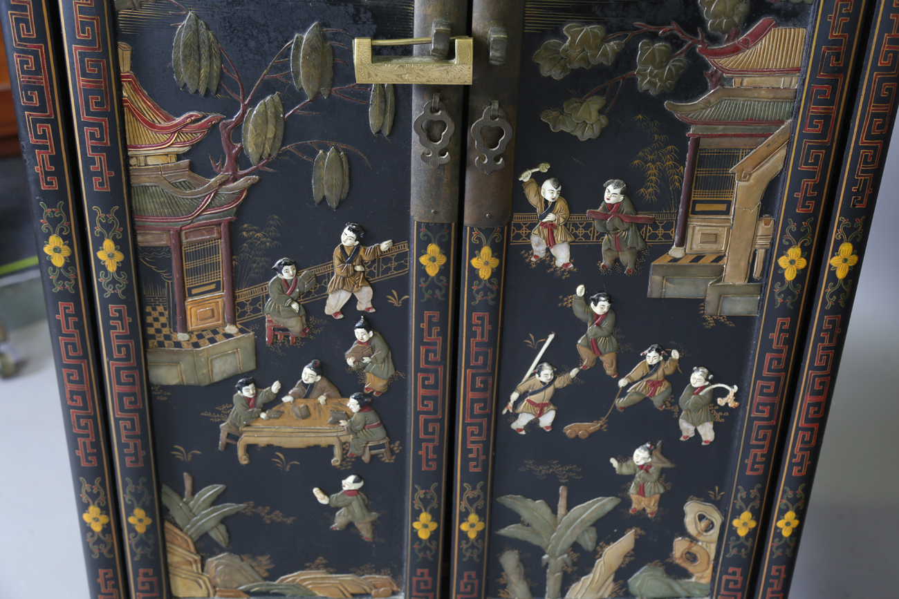 A pair of 20th century Chinese black lacquered and hardstone inlaid side cabinets, each door - Image 9 of 18