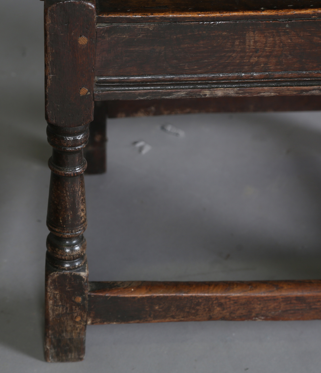 A pair of 17th century provincial oak Wainscot armchairs with carved panel backs and solid panel - Image 6 of 16