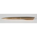 A 9ct gold cased propelling pencil with engine turned decoration, engraved 'N. F. Mc M. 1928-