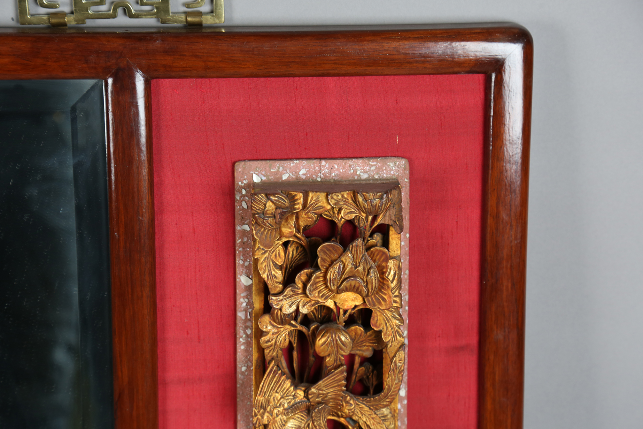 A 20th century Chinese hardwood framed rectangular wall mirror, the square bevelled glass plate - Image 8 of 14