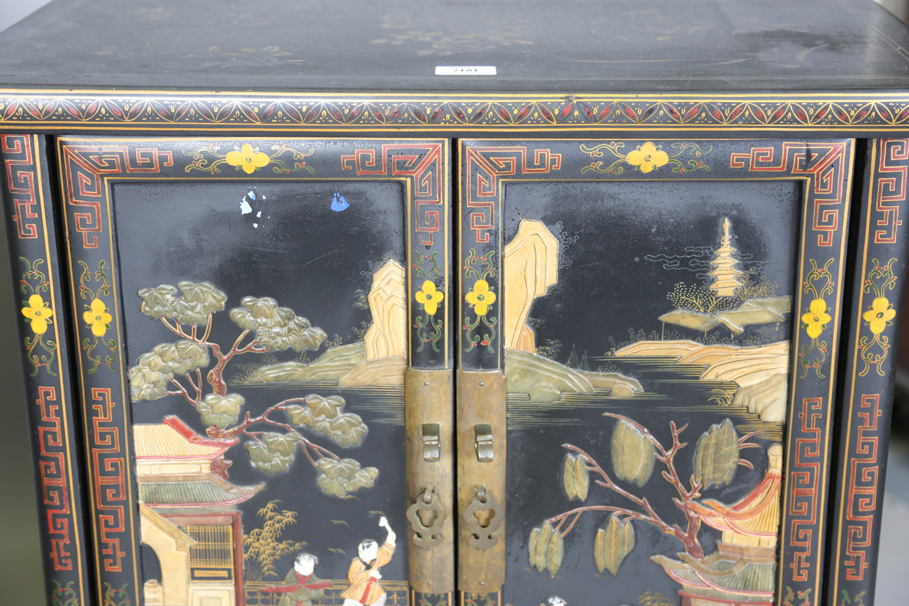 A pair of 20th century Chinese black lacquered and hardstone inlaid side cabinets, each door - Image 17 of 18