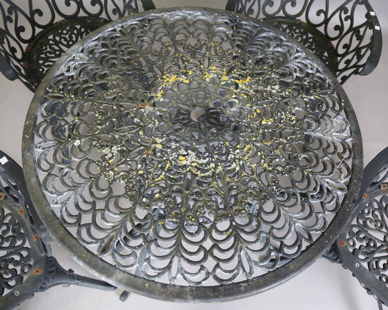 A 20th century cast metal circular garden table, height 66cm, diameter 87cm, and four matching - Image 13 of 13