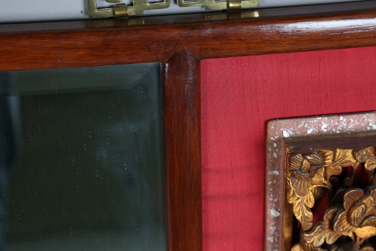A 20th century Chinese hardwood framed rectangular wall mirror, the square bevelled glass plate - Image 3 of 14