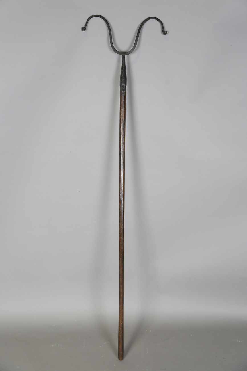 A scarce 19th century wrought iron shepherd's dipping crook, the shaped head on an ash shaft, length - Image 3 of 9