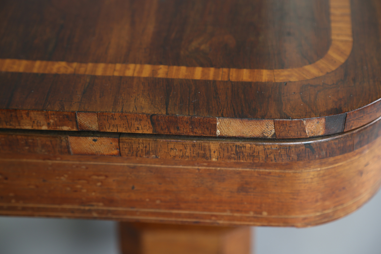 A Regency rosewood and satinwood crossbanded fold-over card table, height 73cm, width 91cm, depth - Image 6 of 13