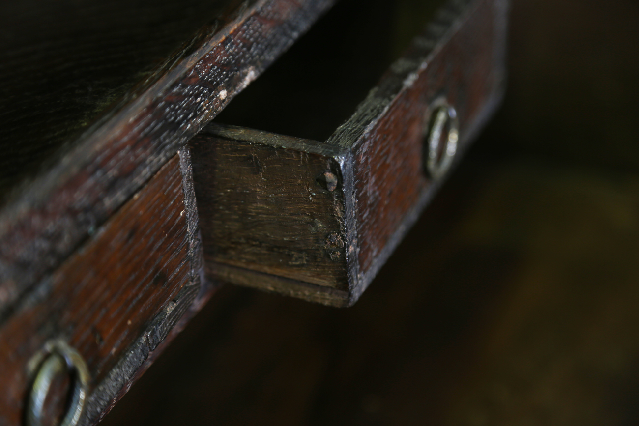 A 17th century oak bible box, the hinged sloping lid enclosing three drawers, width 53cm, depth - Image 11 of 13