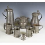 A group of 18th and 19th century pewter, including a set of three plates, diameter 23cm, four