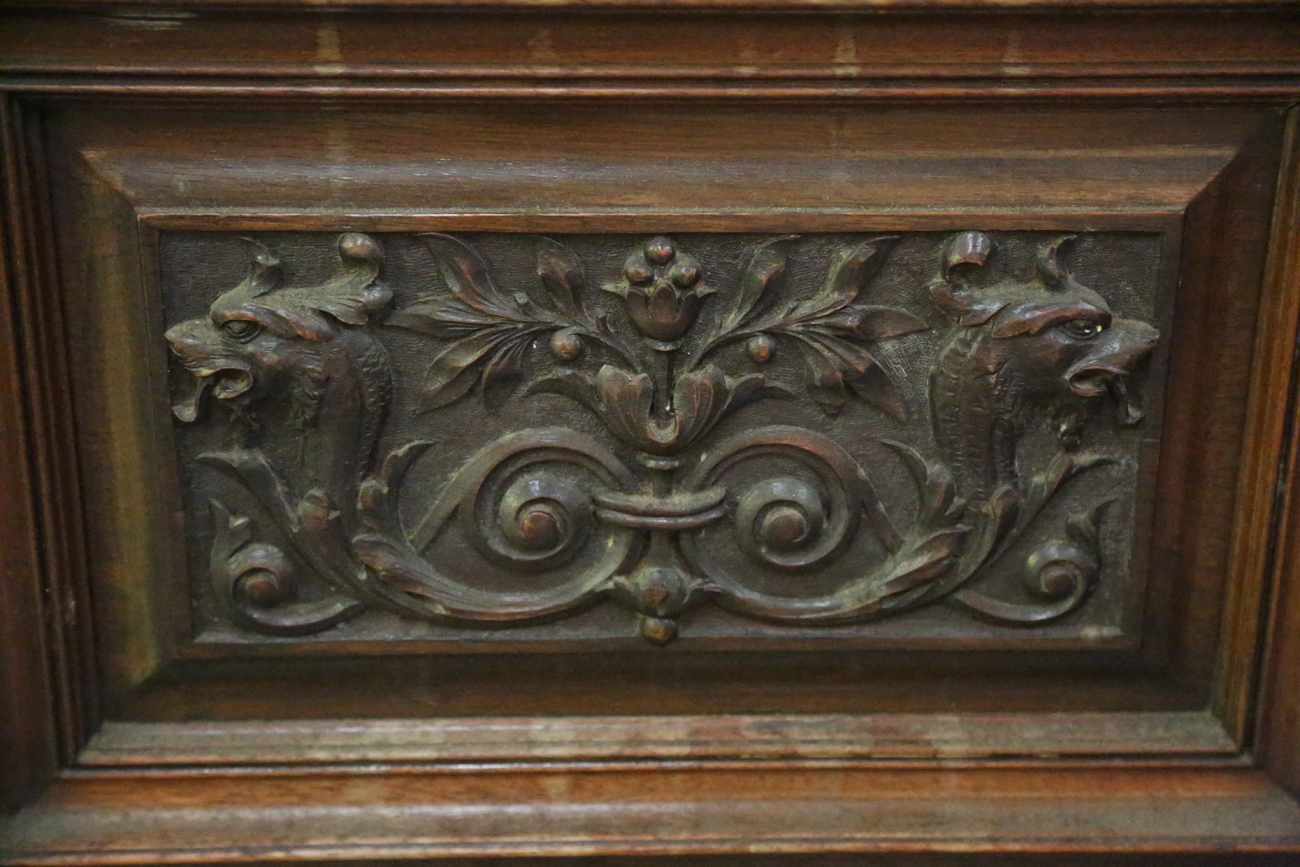 A large late Victorian walnut breakfront sideboard by James Shoolbred & Co, the mirror back with a - Image 6 of 16