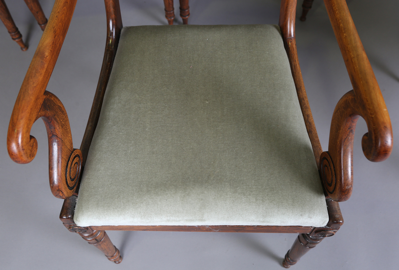 A set of seven Regency simulated rosewood beech framed dining chairs with carved centre rails, - Image 10 of 11