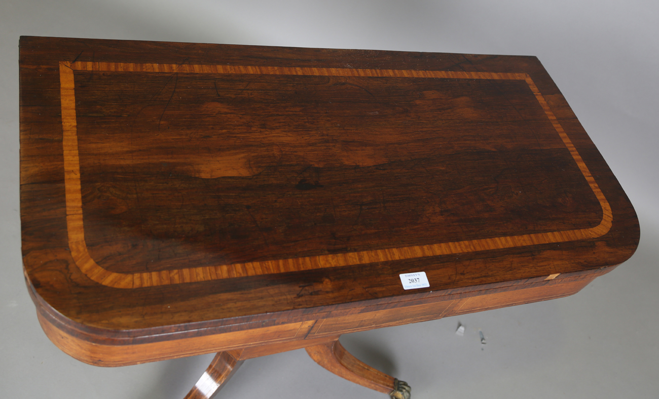 A Regency rosewood and satinwood crossbanded fold-over card table, height 73cm, width 91cm, depth - Image 13 of 13