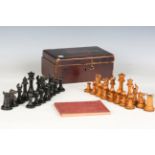 A Victorian boxwood and ebony Staunton chess set with weighted bases, height of king 8cm (some