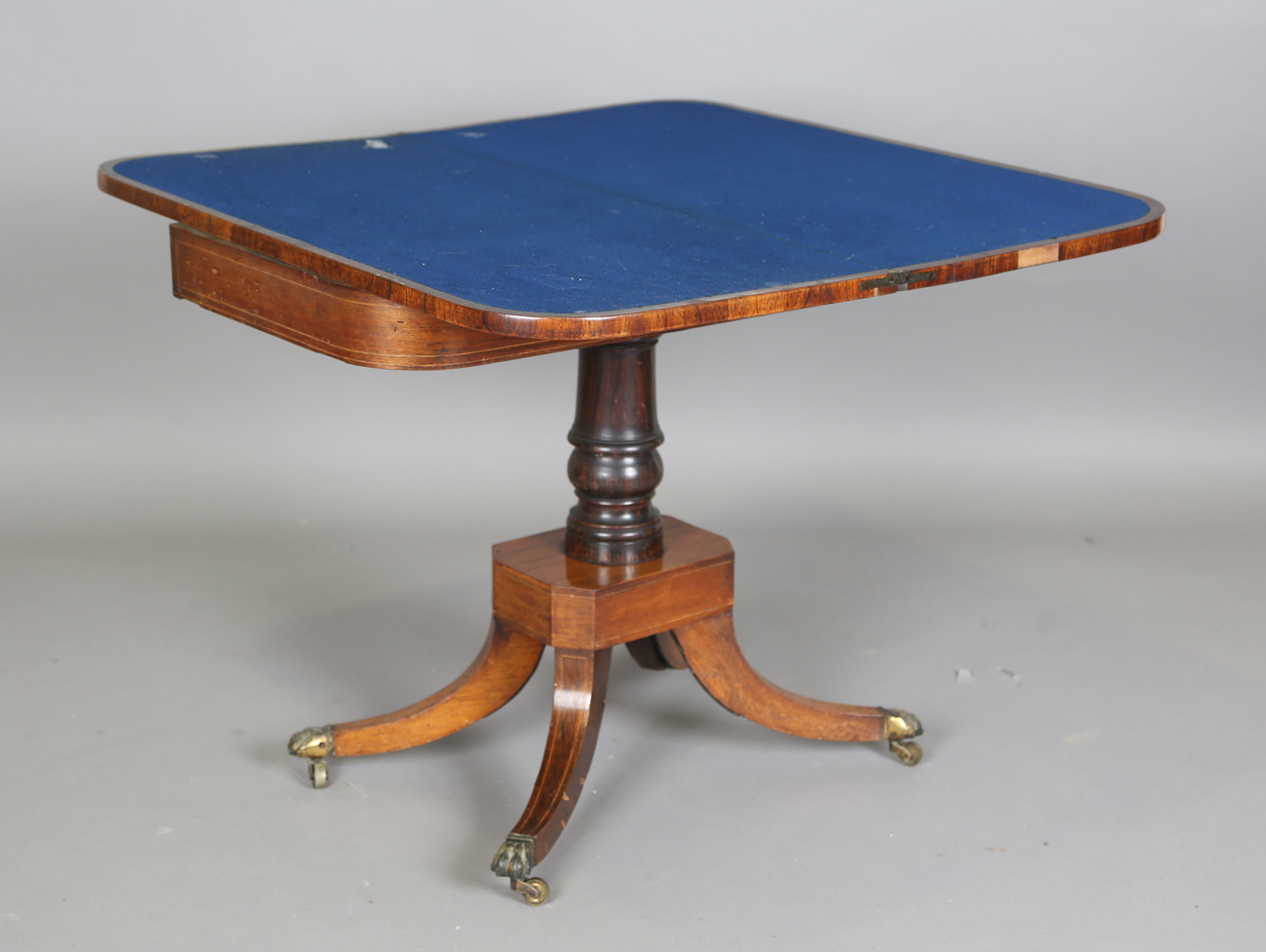 A Regency rosewood and satinwood crossbanded fold-over card table, height 73cm, width 91cm, depth - Image 11 of 13