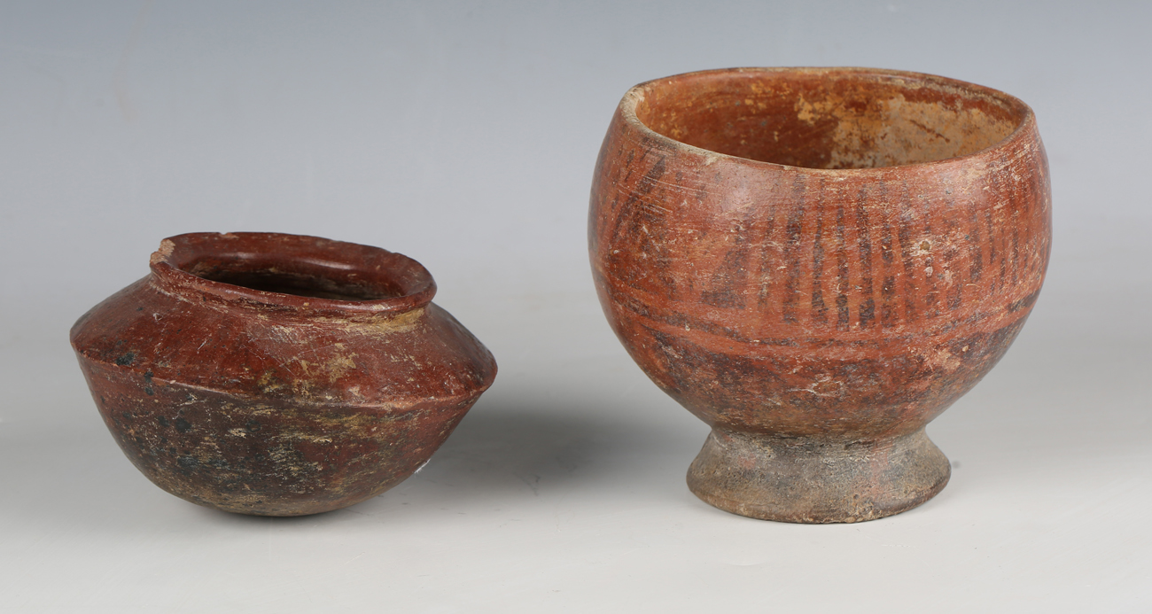 Two pieces of pre-Columbian pottery, comprising a footed bowl with vertical striped banded