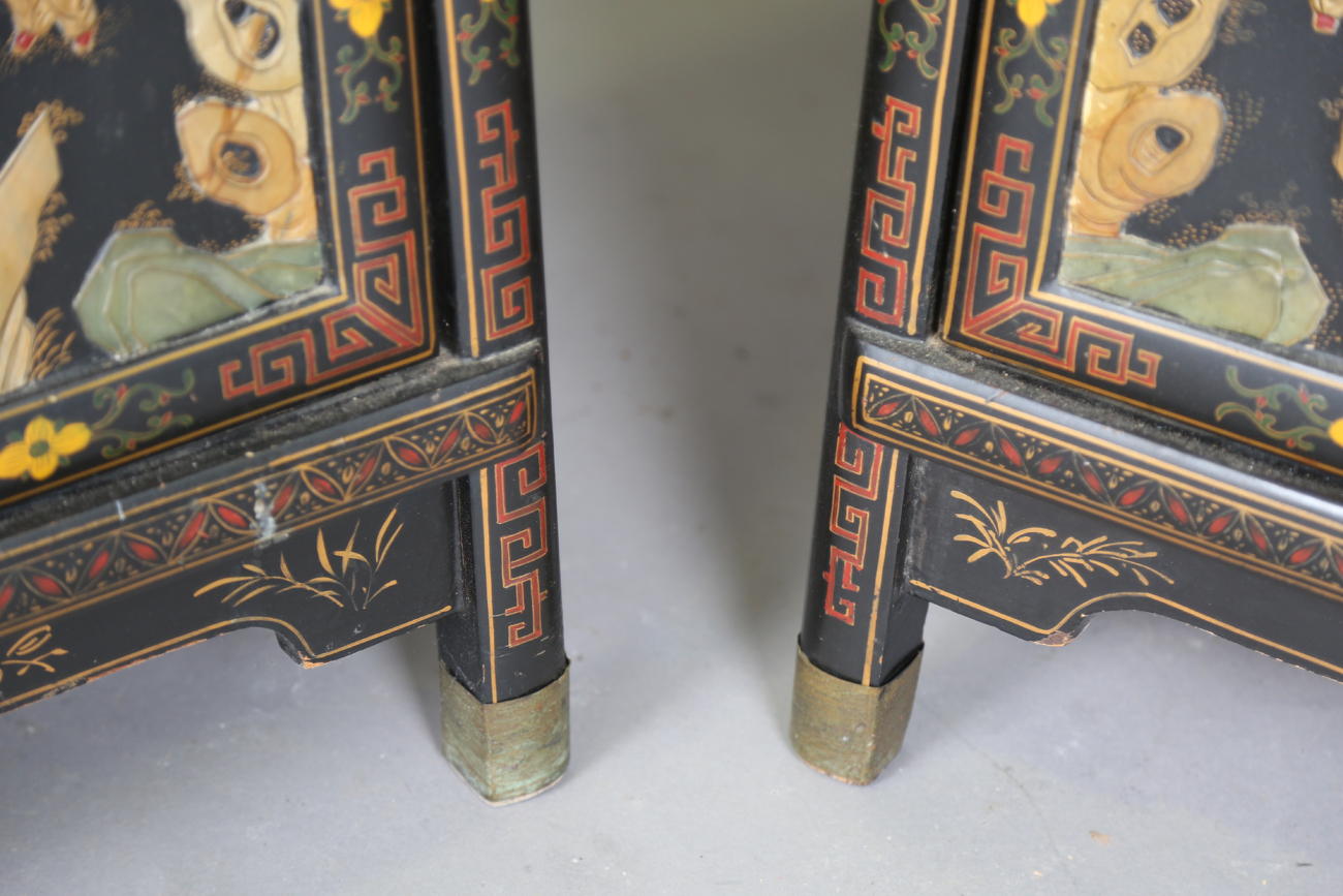 A pair of 20th century Chinese black lacquered and hardstone inlaid side cabinets, each door - Image 12 of 18