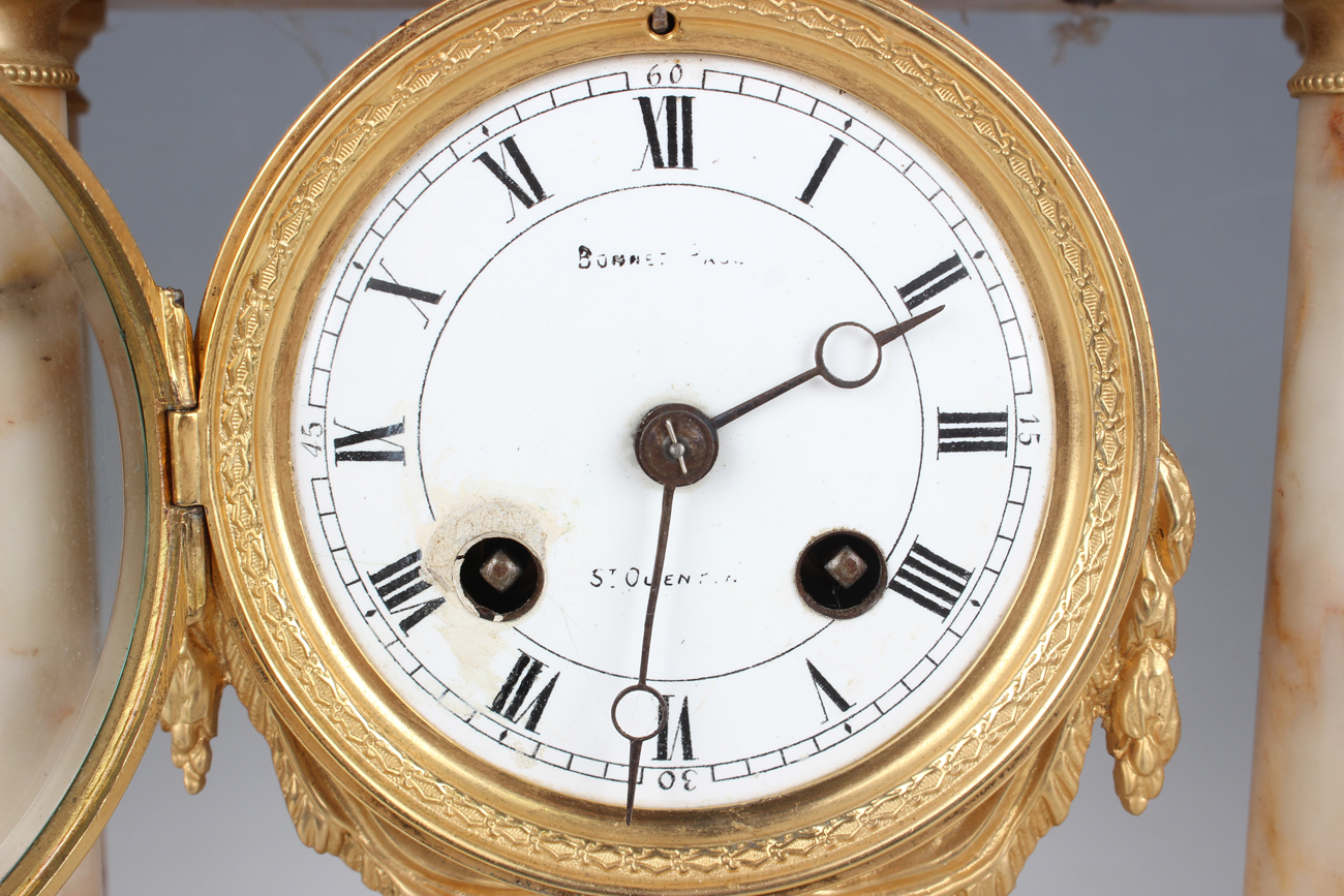 A late 19th/early 20th century gilt metal mounted marble portico clock with eight day movement - Image 9 of 10