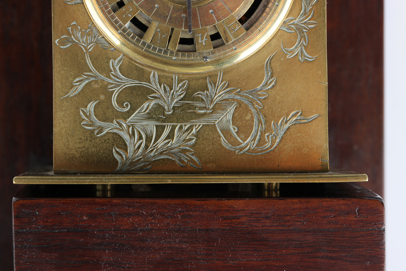 A mid to late 19th century Japanese engraved brass kake-dokei lantern timepiece with alarm, the - Image 8 of 10