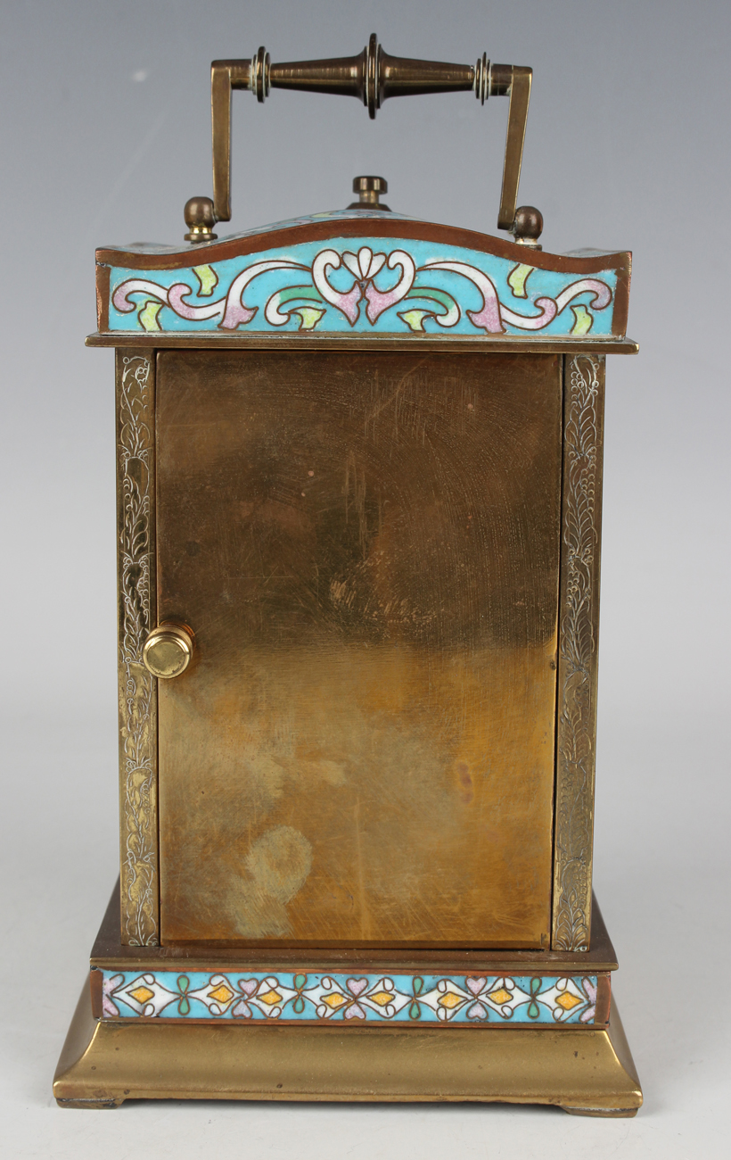 A 20th century Chinese cloisonné and brass cased carriage alarm clock, the movement striking hours - Image 6 of 9