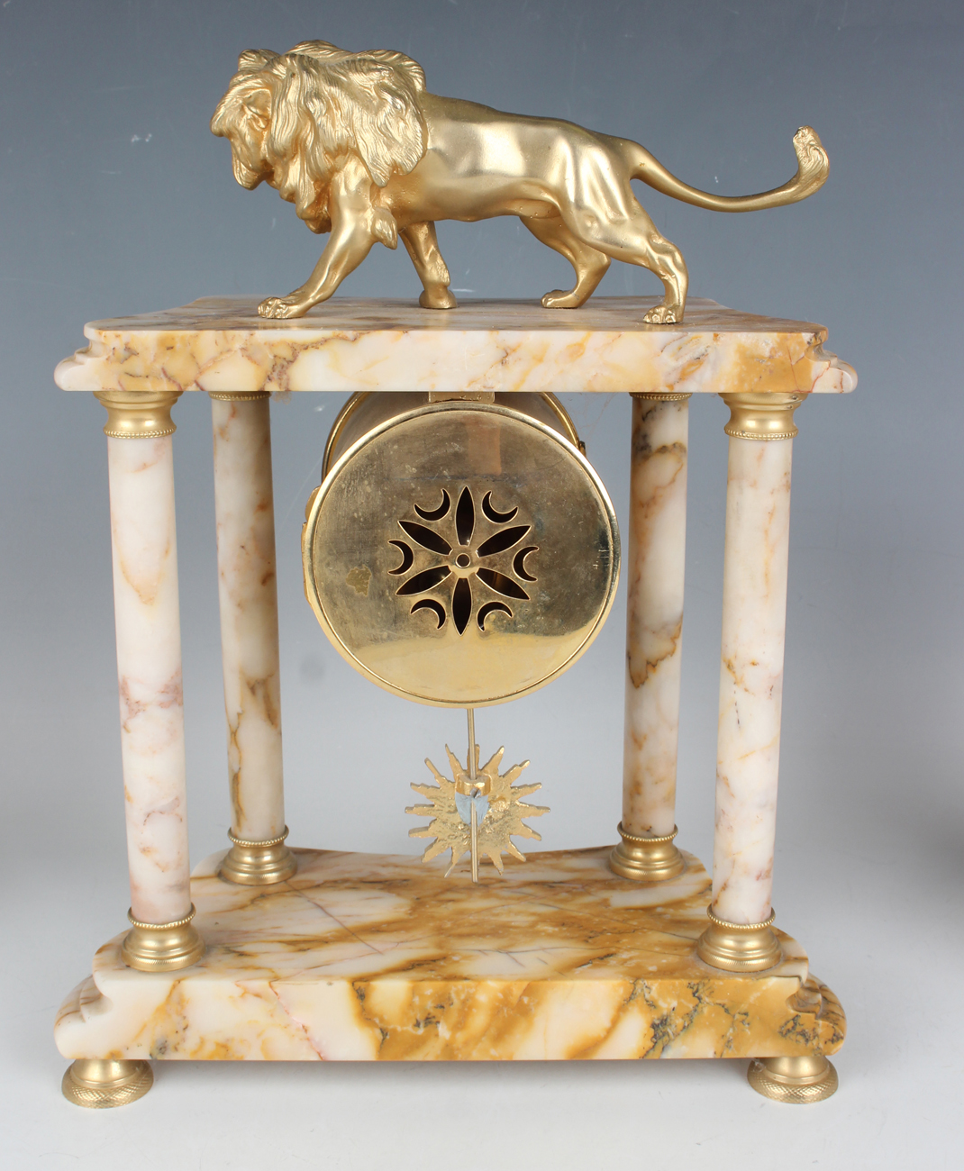 A late 19th/early 20th century gilt metal mounted marble portico clock with eight day movement - Image 5 of 10