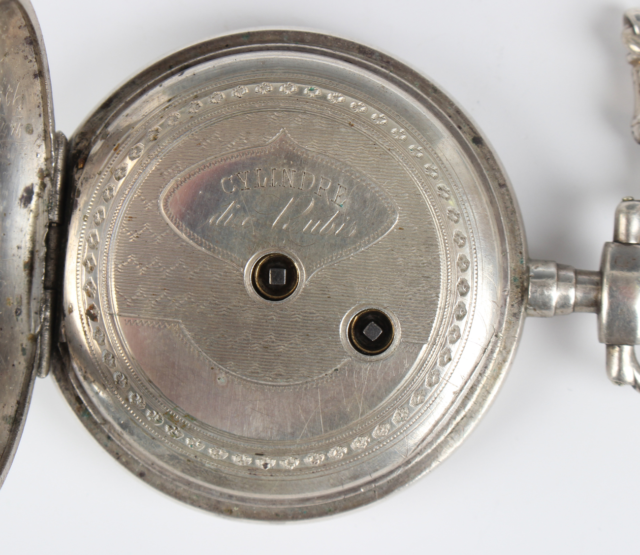 A silver keywind open-faced pocket watch with cylinder movement, the enamelled circular dial with - Image 6 of 8