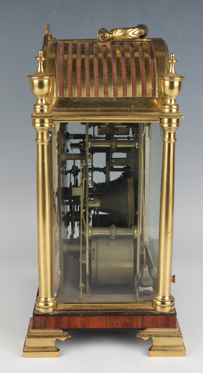 An early 20th century gilt lacquered brass and mahogany cased calendar bracket clock, the brass four - Image 4 of 7