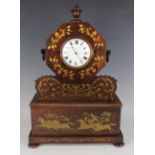 A Victorian rosewood and brass inlaid mantel timepiece, the Empire movement with platform
