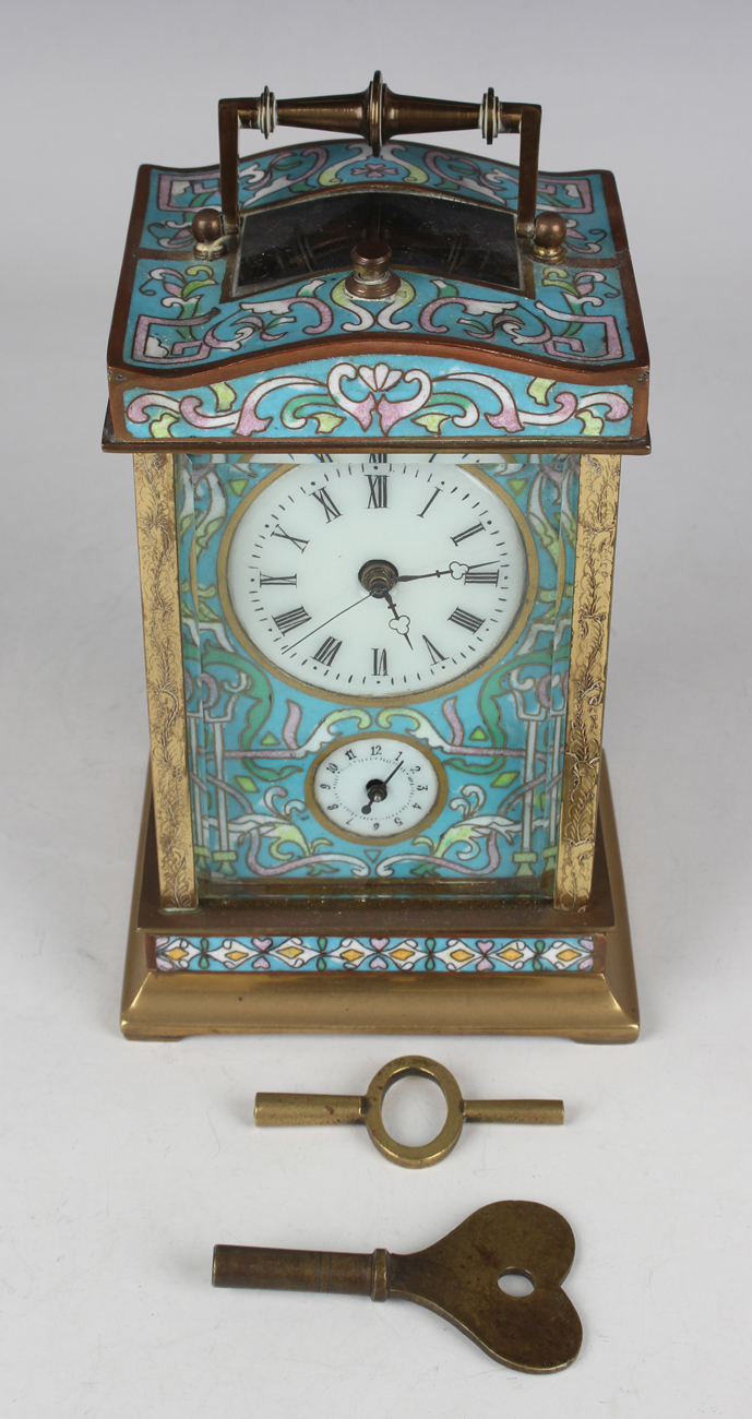 A 20th century Chinese cloisonné and brass cased carriage alarm clock, the movement striking hours - Image 2 of 9