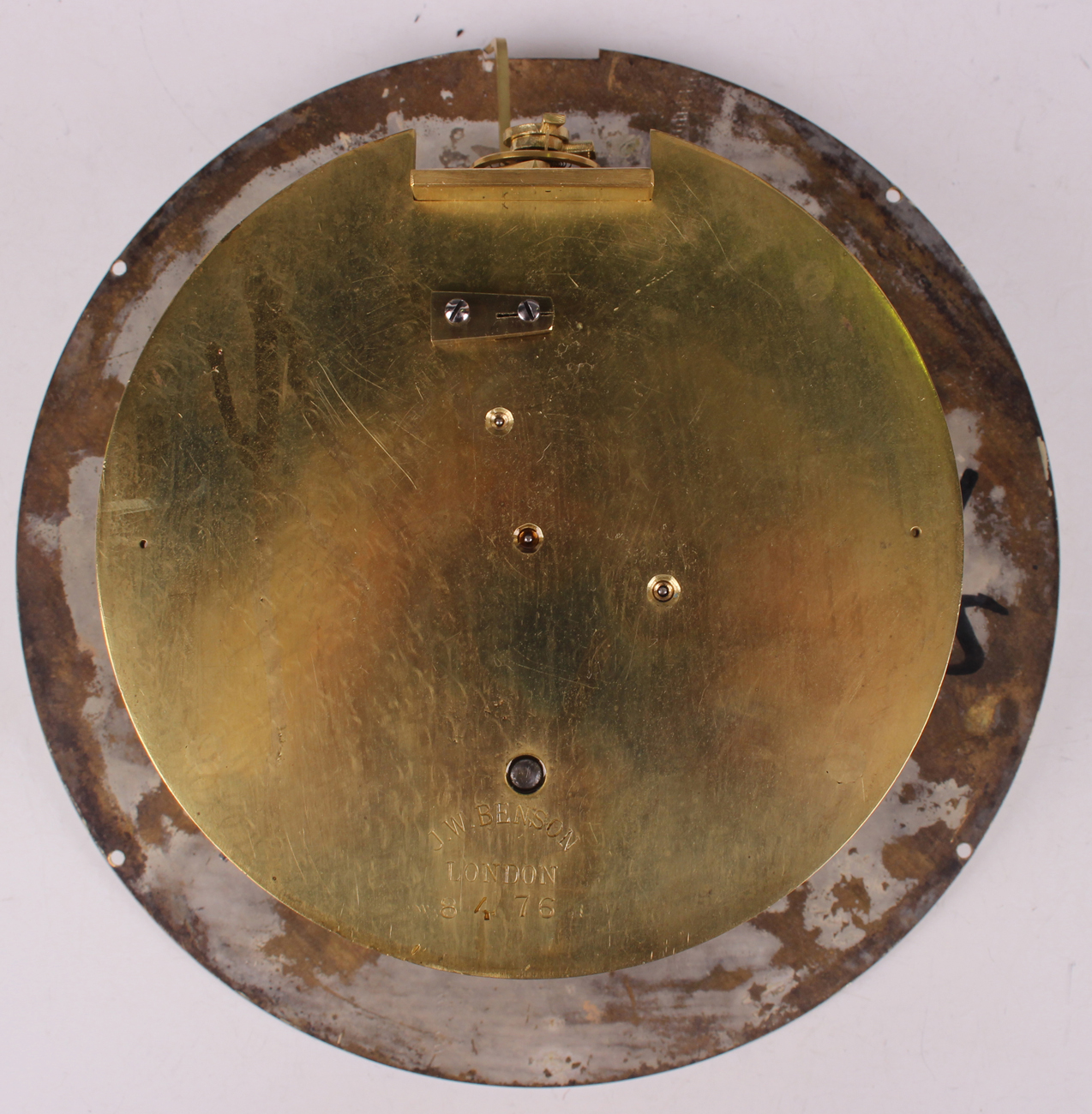 An early 20th century brass circular cased ship's bulkhead type timepiece, the brass four pillar - Image 8 of 9