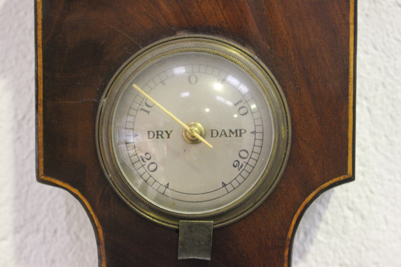 A George III mahogany wheel barometer with silvered dials, hygrometer, alcohol thermometer, convex - Image 2 of 5