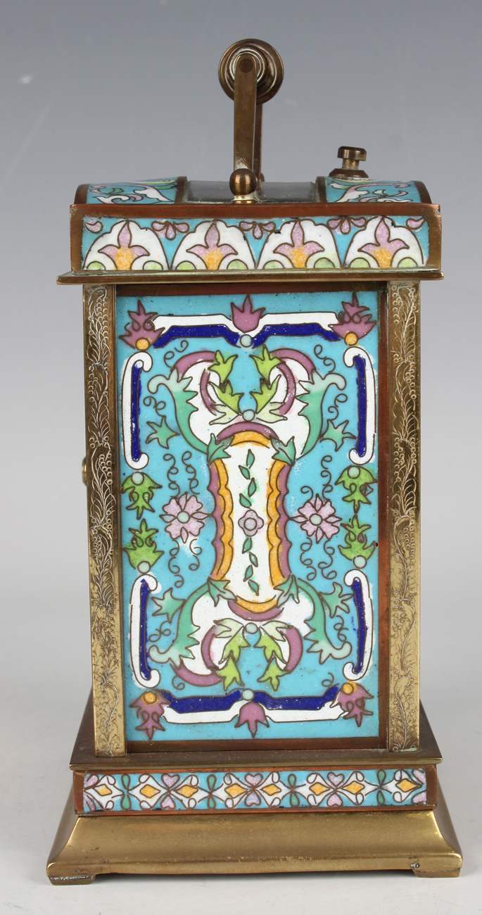 A 20th century Chinese cloisonné and brass cased carriage alarm clock, the movement striking hours - Image 4 of 9